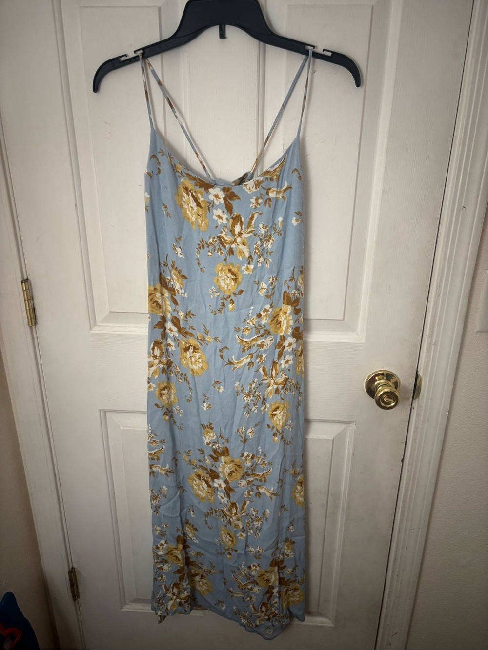 Reformation Dusty Blue Slip Dress with Mustard Floral Print
